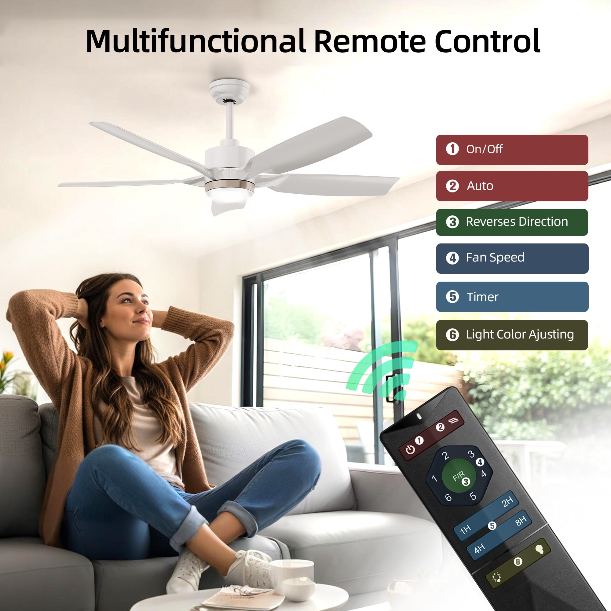 KISSAIR 52 In 5 Blades Ceiling Fan with Light and Remove Control 6 Speeds & Reversible DC Motor,3 Color Dimmable LED, Ultra Quiet 45dB, Timer Function ,White