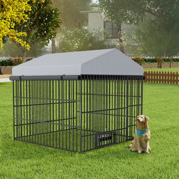 79" x 79" Dog Kennel Outdoor, Large Outdoor Dog Enclosure with Feeding Door and Bowl, Heavy-Duty Weatherproof Dog Cage with Roof Cover, Dog Kennel Fence