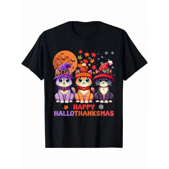 Halloween Thanksgiving Christmas Happy Hallo Thanks Mas Cats T-Shirt Summer Comfortable Casual Short Sleeve T-Shirt