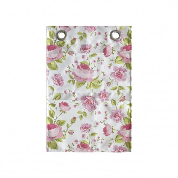 Pink Leaves Hanging Pocket Organizer, Vintage Style English Garden Themed Peony Pattern, Printed Polyester Storage Bag with Pockets, 14" x 20", Pastel Pink Pale Pink