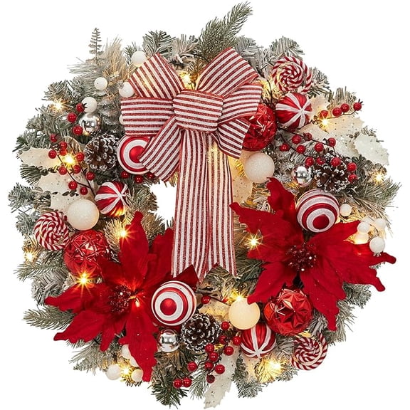 24 inch Christmas Door Wreath, Norfolk Pine Wreaths for Front Door with Candy Cane Red and White Ball Pinecones Berries for Fireplace Xmas Decorations, Wall Window Indoor Outdoor Decor