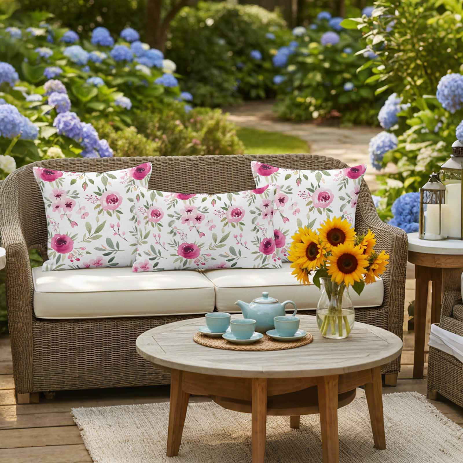 Outdoor Waterproof Throw Pillow Covers Set of 2 Pink Flowers Decorative Pillowcases Square Outdoor Pillows Cushion Case 18x18 Inch Floral Leaves Plant Patio Pillows for Couch Sofa Bed Garden