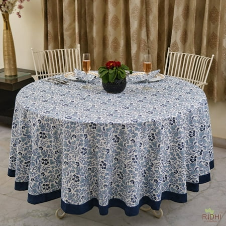 

Denim and Baby Blue Floral Hand Block Printed 100% Pure Cotton Round Tablecloth Wedding Table Decor Dining Table Cover 60 90 110