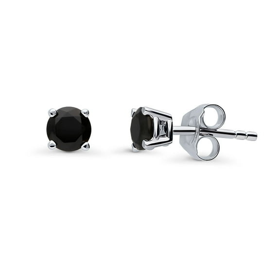 BERRICLE Sterling Silver Solitaire Black Round Cut Cubic Zirconia CZ Fashion Stud Earrings for Unisex, Rhodium Plated, 5mm
