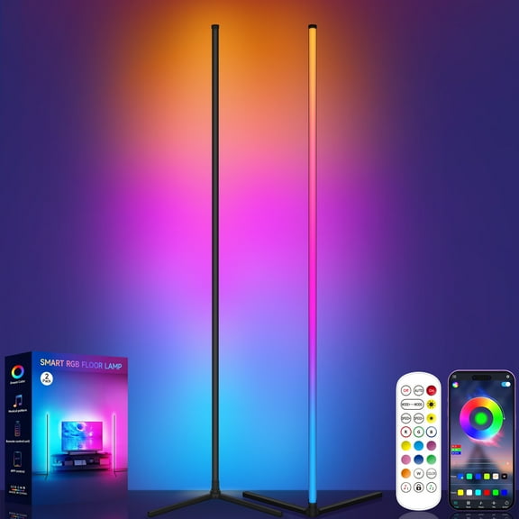2PC-Lohew Corner Floor Lamp, RGB LED Corner Lamp with Music Sync, Smart App and Remote Control Ambience Light with Music Sync, LED Lamp with 16 Million Colors for Bedroom, Living Room Gaming Room