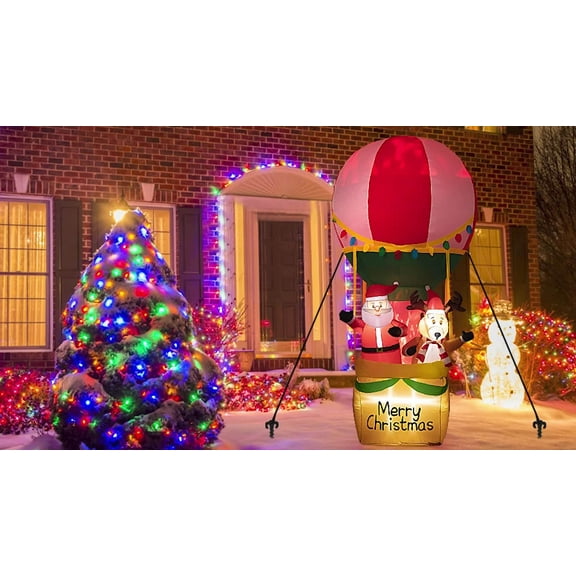 9ft Christmas Yard Inflatable Outdoor, Blow Up Hot Air Balloon With Santa Reindeer, Light Up Festive Inflatable Decoration For Christmas Party, Garden, Lawn, New Year