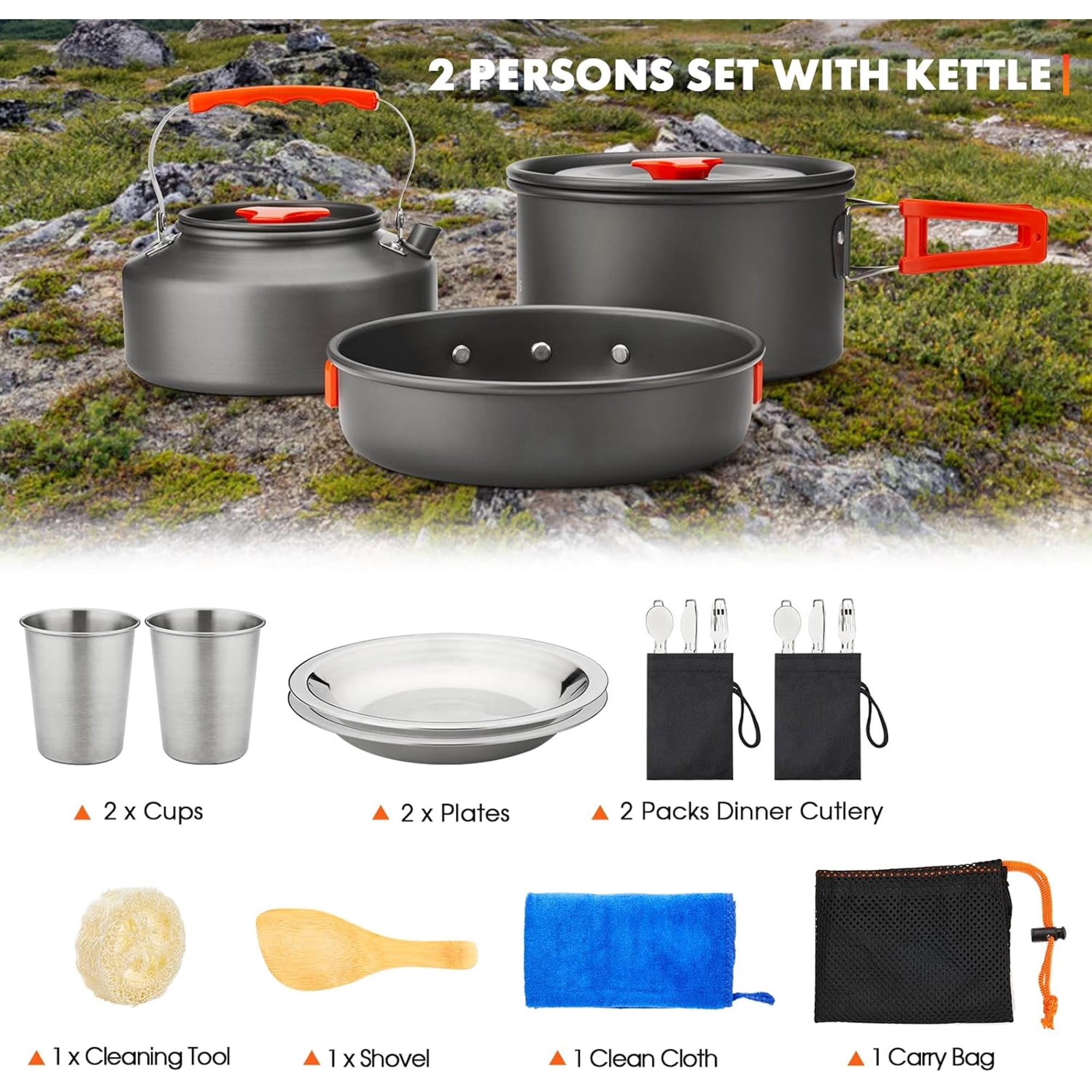 17pcs Camping Cookware Kit, 0.45Gal Pot, 7" Pan, 0.30Gal Kettle Set with 2 Set Stainless Steel Cups Plates Forks Knives Spoons for Hiking
