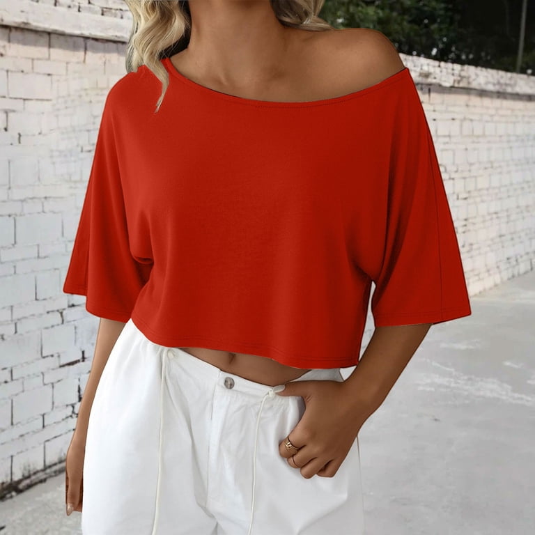 Womens Off The Shoulder Cropped T Shirts Batwing Short Sleeve Tops