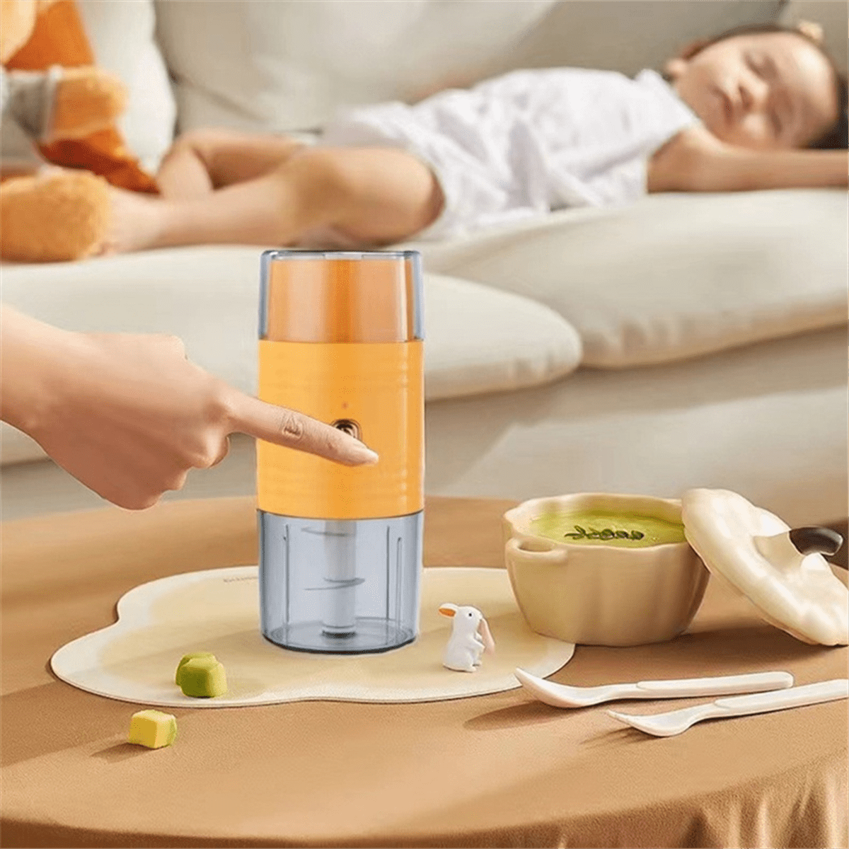 Mini Food Processor Double-Headed Electric Food Chopper for Vegetables, Meat, Fruits and Nuts Dry Wet Separation Orange