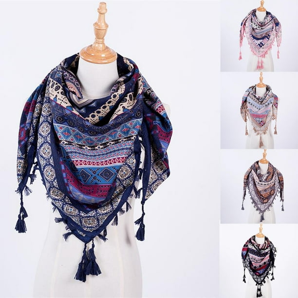 Trayknick Boho Women Winter Neck Wrap Long Warm Scarf Ethnic Print Triangle Tassel Shawl Khaki