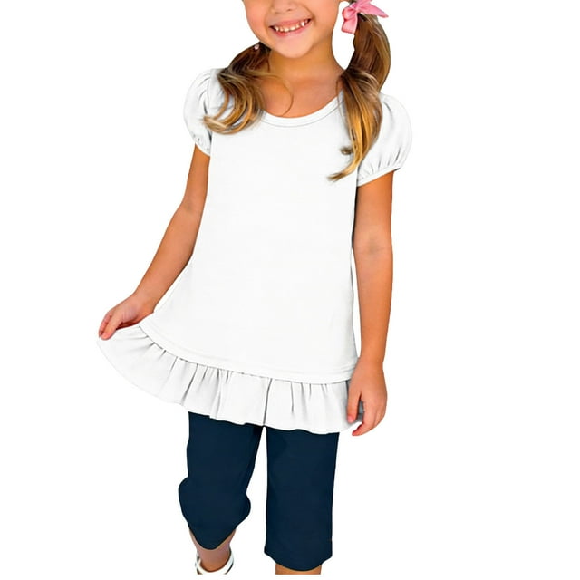 Zpanxa T Shirts for Girls Puff Sleeve Ruffle Hem Solid Color Round Neck Short Sleeve Cotton Top 7-8 Years