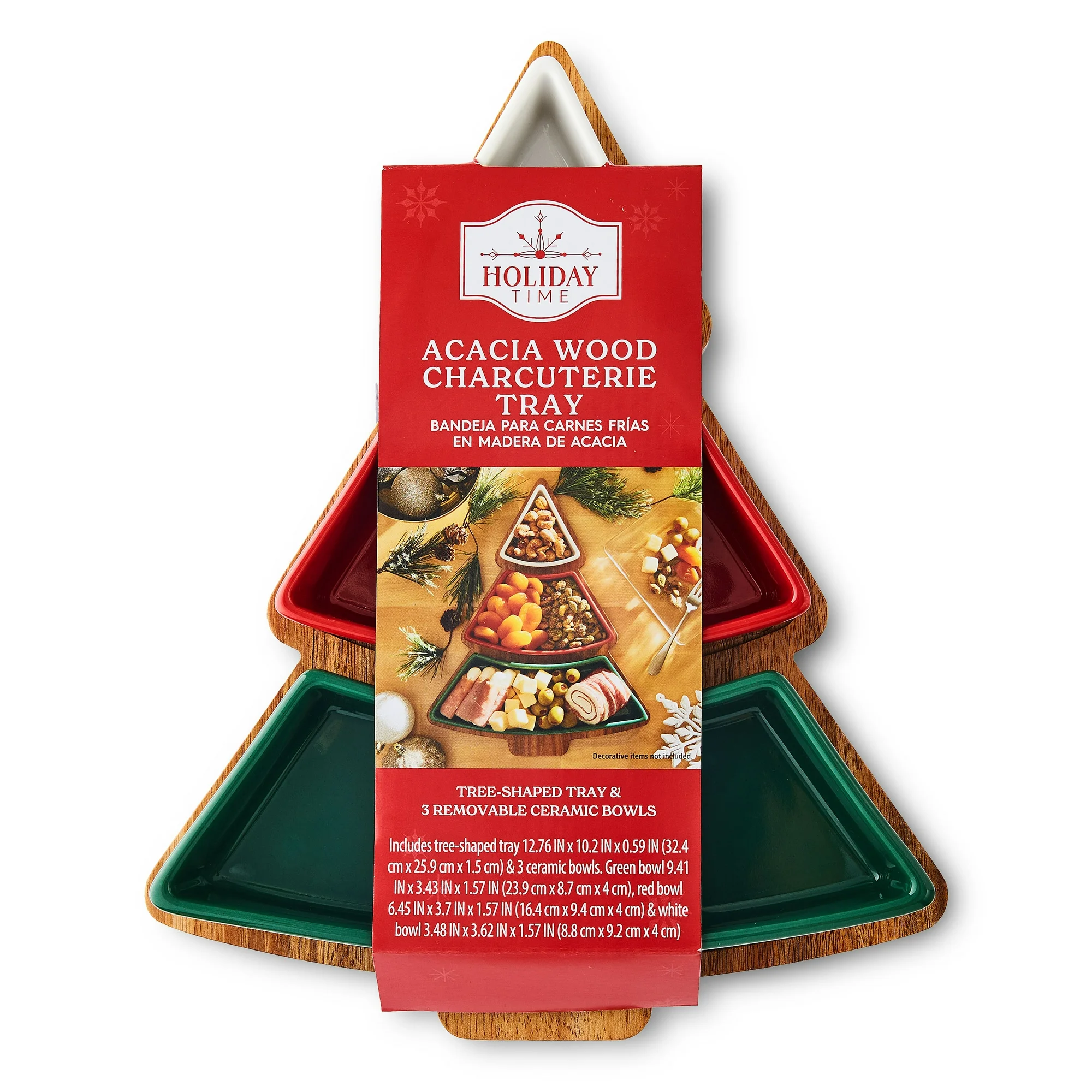 Holiday Time Acacia Wood Christmas Tree Charcuterie Tray with Ceramic Bowls, 12.76 x 10.2 x 2.05 in