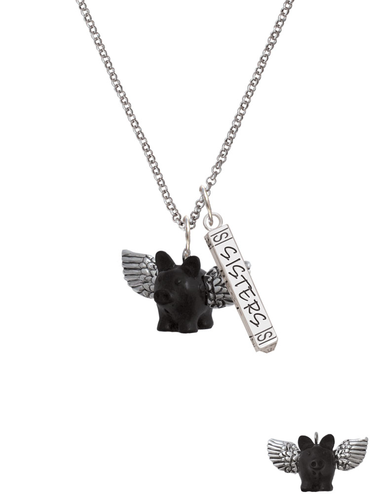 Delight Jewelry Black Flying Pig with Wings Silvertone Sisters Best Friends Forever Bar Charm Necklace, 23"