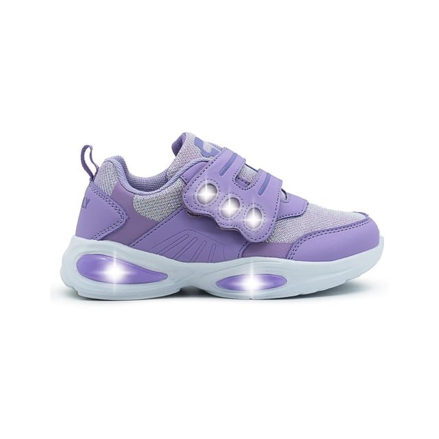tenis charly kids para niña ajuste contactel ligero con luces lila 19 vista lateral derecha, zapatilla lila y morada con cierre de contacto de tres tiras y empeine de malla textil, suela blanca con inserciones moradas y luces integradas en entresuela y panel lateral que se iluminan al pisar, suela antiderrapante visible; a menudo usados también para juego y actividades recreativas infantiles.
