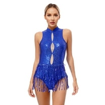 Doomiva Women's Shiny Sequins Tassel Latin Jazz Dance Leotard Bodysuit Sleeveless Backless Dance Dress Royal Blue L