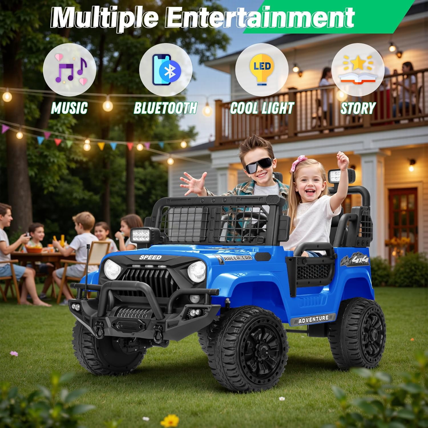 HappyToysWorld Kids Ride On Car 24V with Parent Remote Control, 2-Seater Electric Toy Truck for Big Boys & Girls, 4 Shock Absorbers, 3 Speed Modes, 24 Volt Battery Powered Vehicle
