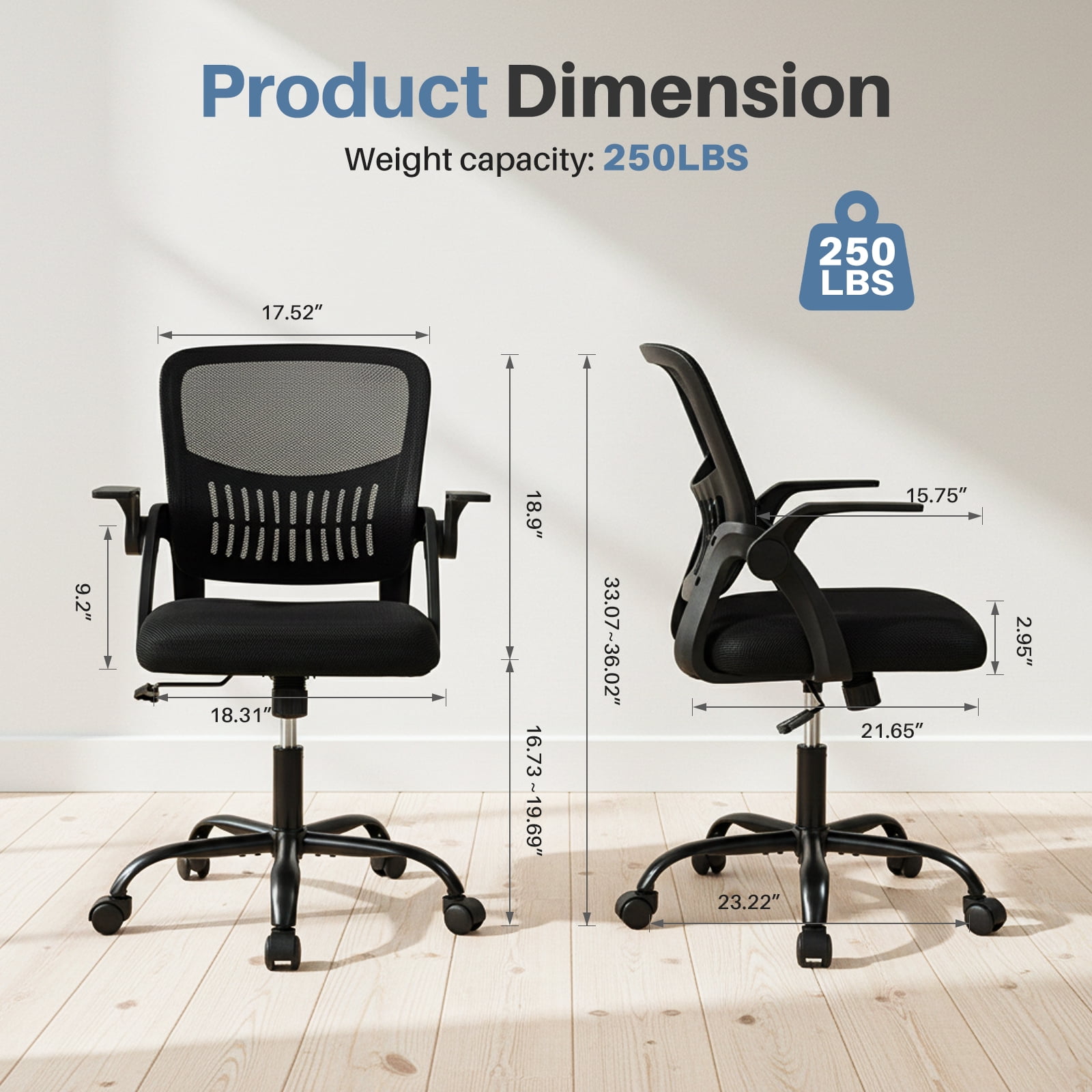 EDX Desk Chair with Ergonomic Lumbar Support, Flip-Up Armrests & Removable Footrest - 250lbs Capacity, Suitable for Home, Office, Bedroom, Black