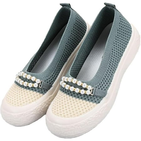 Women s Knit Pearl Platform Loafers Lightweight Comfortable Anti-Collision Round Toe Slip-On Soft Bottom Flat Shoes Casual Walking Mom Shoes