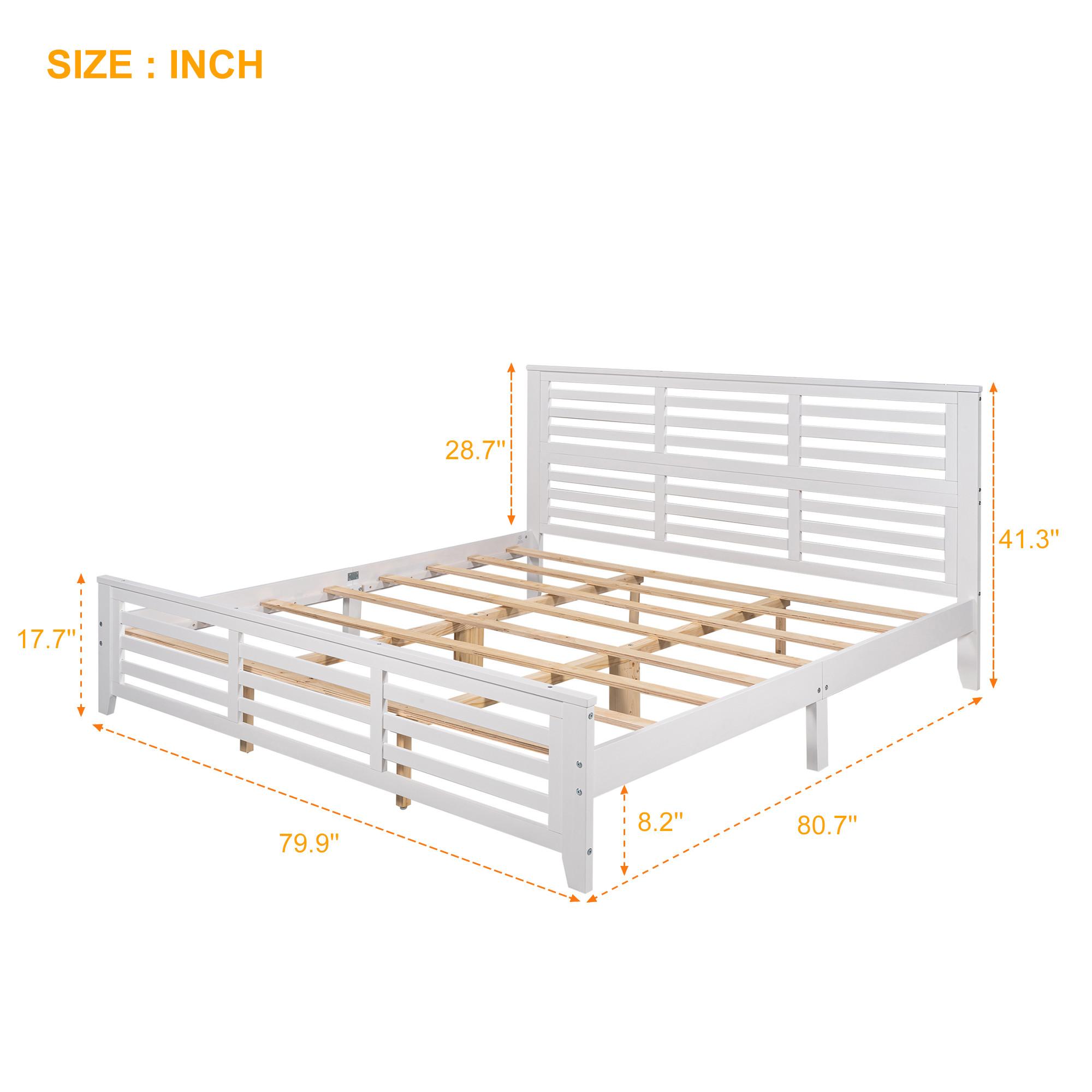 King Size Wood Platform Bed Frame with Headboard and Footboard, Solid Wood Foundation with Slat Support, White 79.9x80.7x41.3inch - image 4 of 7