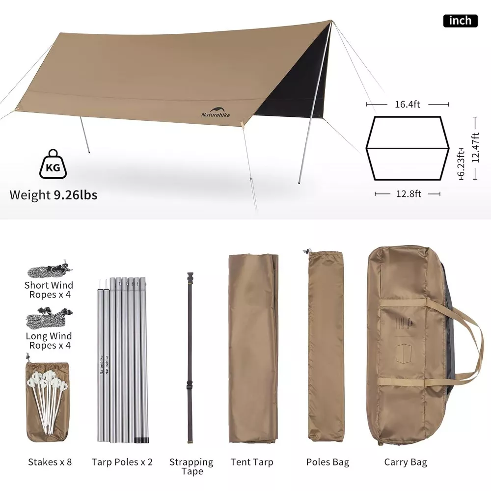 Naturehike Camping Tent Tarp with Poles, Waterproof PU 18000mm+, Anti-UV UPF2000+ Camping Sun Shelter Rain Fly, Camping Tent Canopy, 16.4x12.5ft