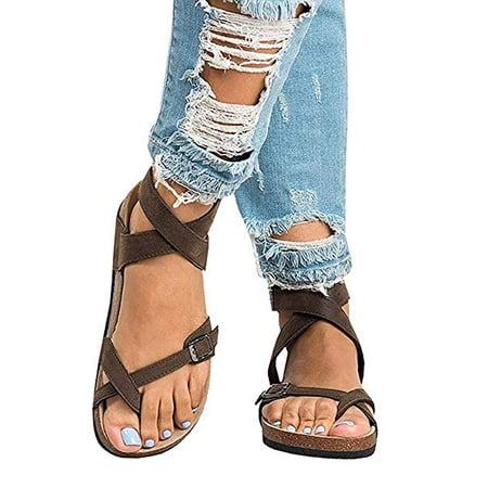 Women's Fashion Flat Ankle Buckle Sandals Gladiator Thong Flip Flop Mayari Sandals (Brown/US