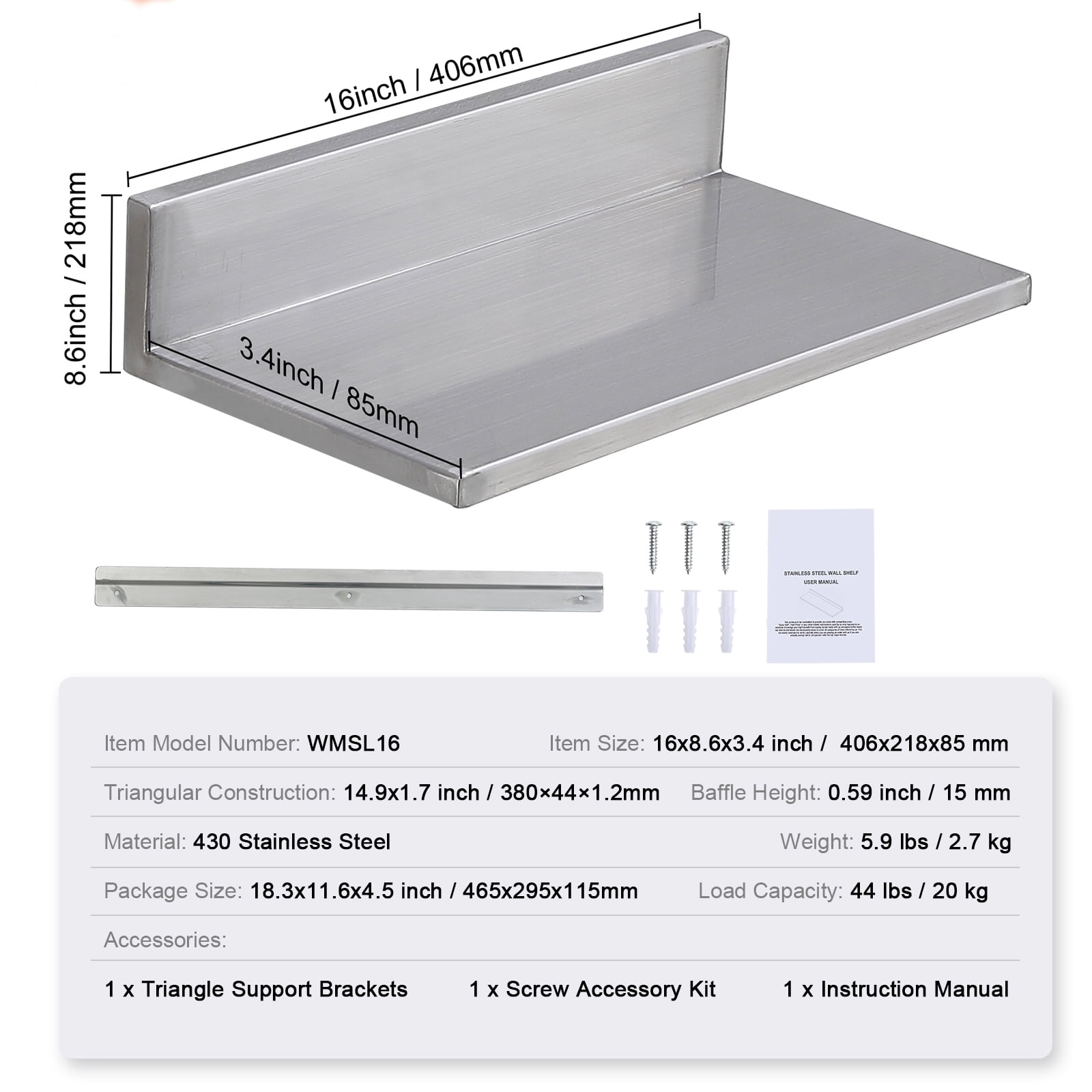 KFFKFF 8.6" x 16" Stainless Steel Wall Shelf 2 Pcs, Floating Shelf with Backsplash, 44 lbs Load Capacity, Durable Storage Rack for Kitchen, Restaurant, Bar, Home, and Hotel Use