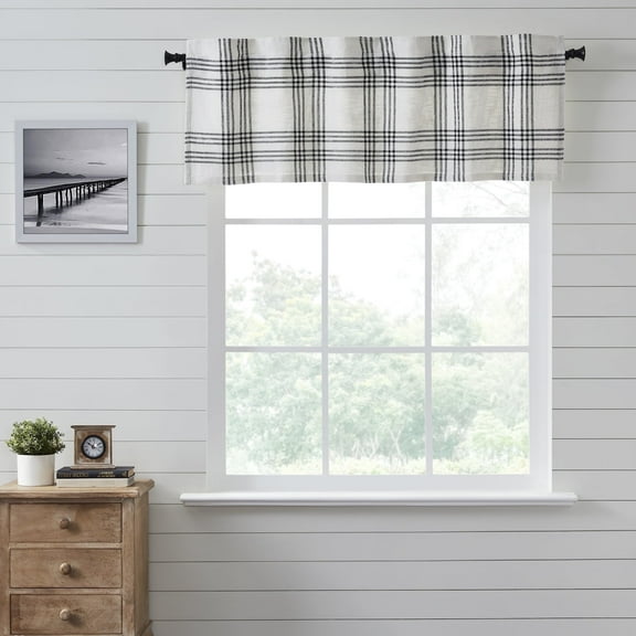 VHC Brands Woven Plaid Farmhouse Kitchen Valance Curtain, Black, 19x61