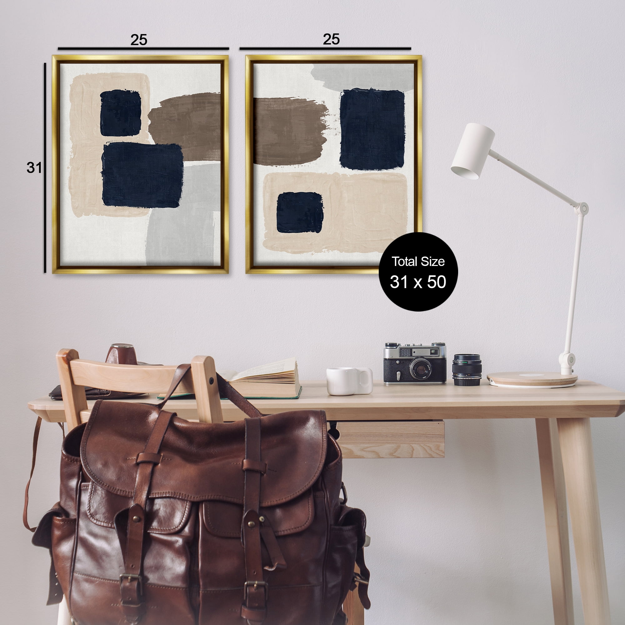 Stupell Industries Navy Brown Blocked Abstract Painting Gold Floater Framed Canvas Art Print Wall Art, 31 x 25, Set of 2