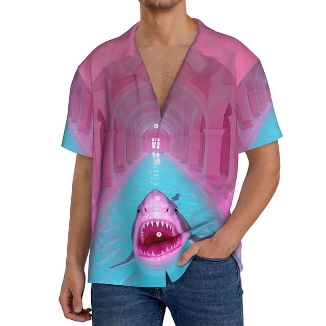 Fotbe Pink Shark Pool Fantasy Camisa Estampada de Manga Corta para Hombre, Casual de Verano, Estilo Playero, Sin Arrugas-Small