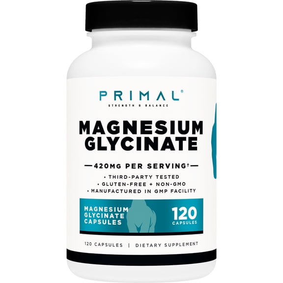 Primal Magnesium Glycinate Supplement (420mg) 120 Capsules - Gluten-Free, GMO-Free, 60 Servings