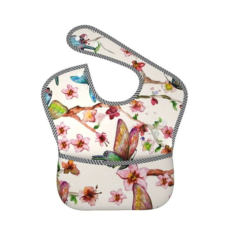Bingfone Mess-Proof Baby Bib - Waterproof Bib For Baby Boy Or Girl With Food Catcher Pocket, Unisex-Watercolor Floral With Butterflies