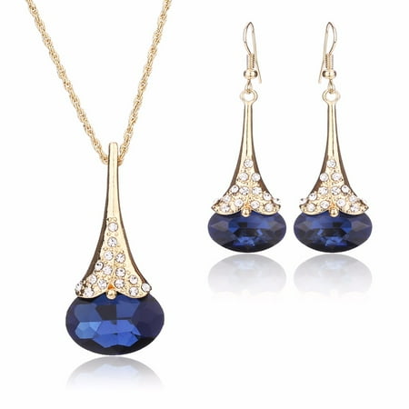Copper Crystal Earrings - Moochi White Gold Plated Copper Waterdrop Shape Crystal Pendent Necklace Earrings Jewelry Set