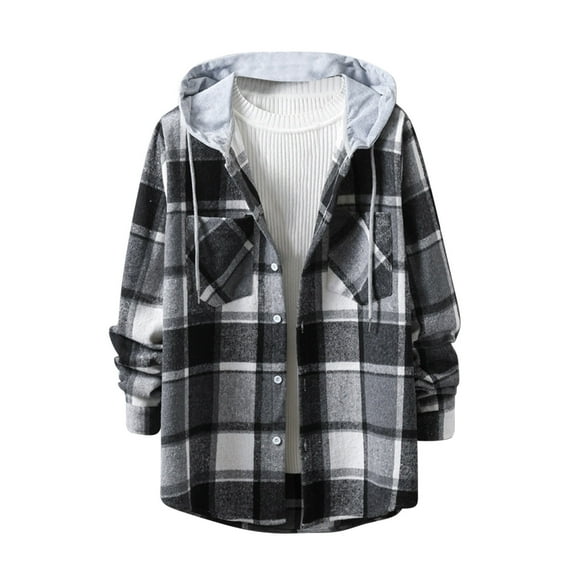 Meichang Flannel Shirts Men Clearance Plaid Hoodies Fall Button Down Shirt Jacket Classic Fit Long Sleeve Lightweight Jacket