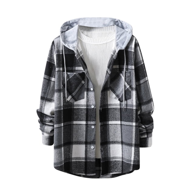 TIMIFIS Men's Plaid Shirts Jacket Shirts Button Down Jackets with Hood for Men-BlackFall