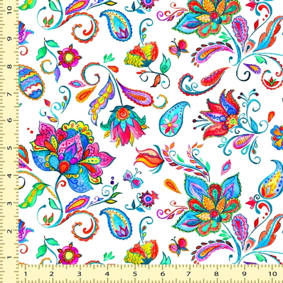 eloria Floral Cotton Fabric Squares Sewing Supplies Printed Fabric for , 1 Yard, White