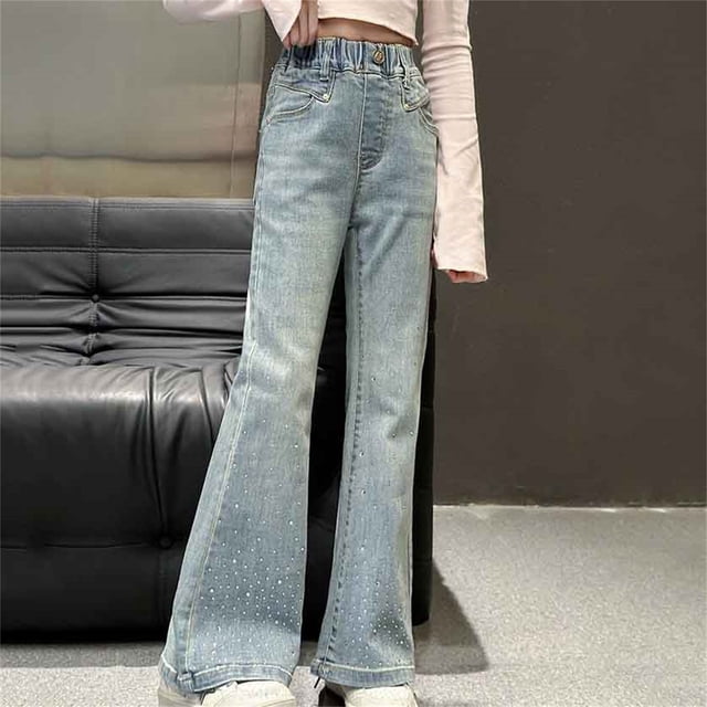 Odeerbi 5-15 Años Niñas Vaqueros Flamed Pantalones de Denim Lindos Pantalones de Vaquero de Cintura Elástica Pantalones Casuales Cómodos Sueltos