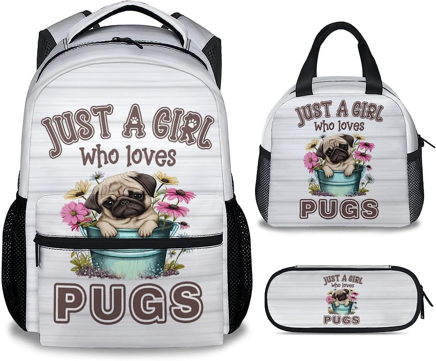 Personalized Cute Pug Backpack with Lunch Box And Pencil Case, 16 Inch