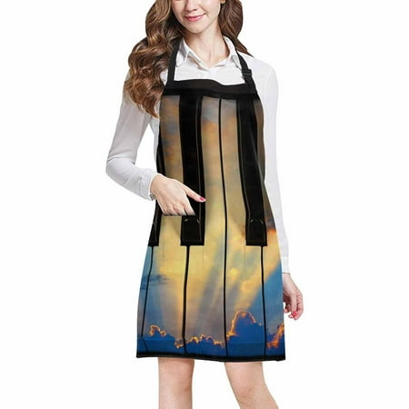 

ASHLEIGH Musical Theme Sunset Sky with clouds on Piano Keys Adjustable Bib Apron with Pockets Commercial Restaurant and Home Kitchen Apron for Women Men