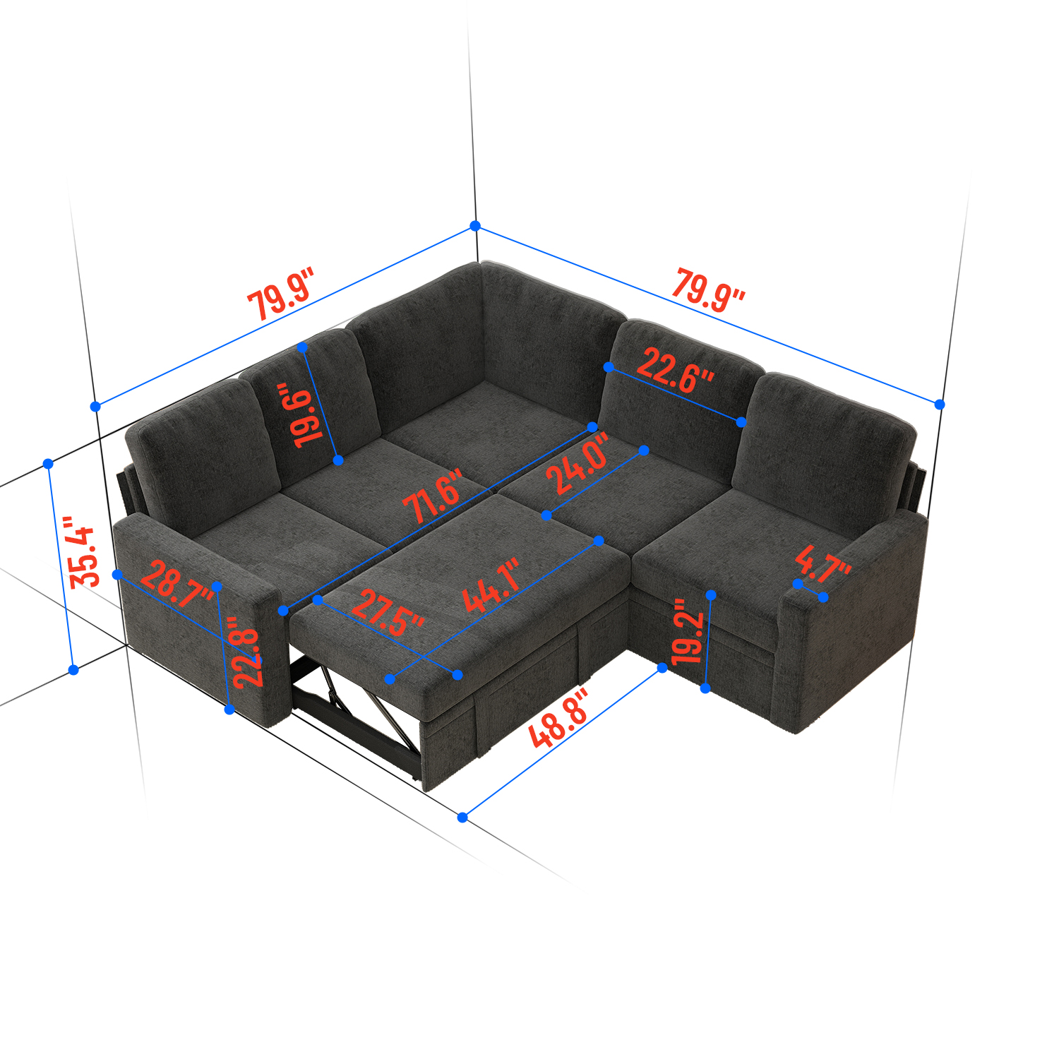 BSHTI Modern L-Shaped Pull-Out Sectional Sleeper Sofa Bed with Storage for Living Room, Black
