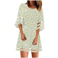 thumbnail image 1 of Leutsin Femmes Casual V-Neck Net Fil Évasé Manches d'Impression Robe en Vrac, 1 of 8