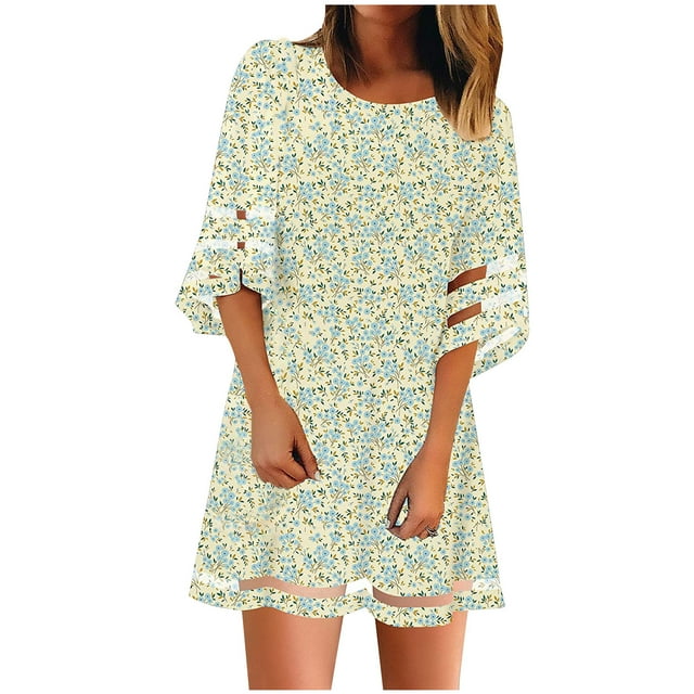 Leutsin Femmes Casual V-Cou Net Fil Évasé Manches Impression en Vrac Robe