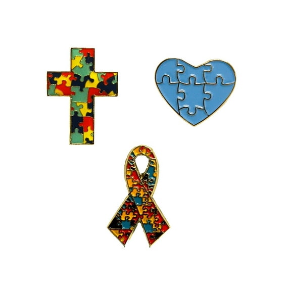 3 Piece Set Autism Awareness Heart Colorful Puzzle Pieces Lapel Hat Pins 3P006