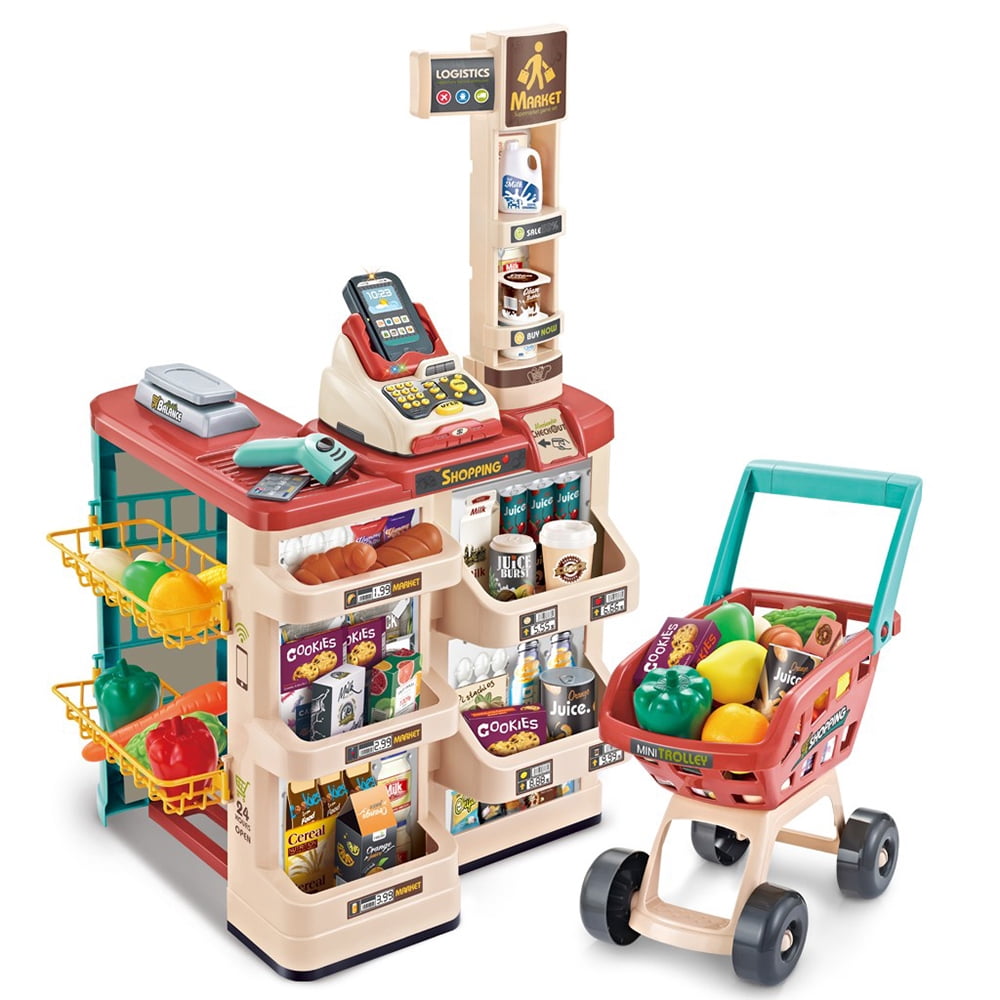 Shopping Grocery Store Playing Toy for Kids,Pretend Supermarket Store Playset with Shopping Cart Checkout Scanner,Register,Credit Card,Toddlers Educational Toy,Birthday Children Day Gift Multicolor