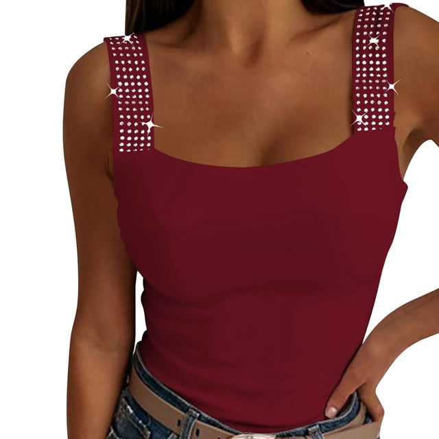 Charmgo Débardeur pour Femmes Col Carré Mode Sans Manches Ajusté Gilet Été Débardeur Décontracté Manches Courtes Tunique Tendance Rouge P