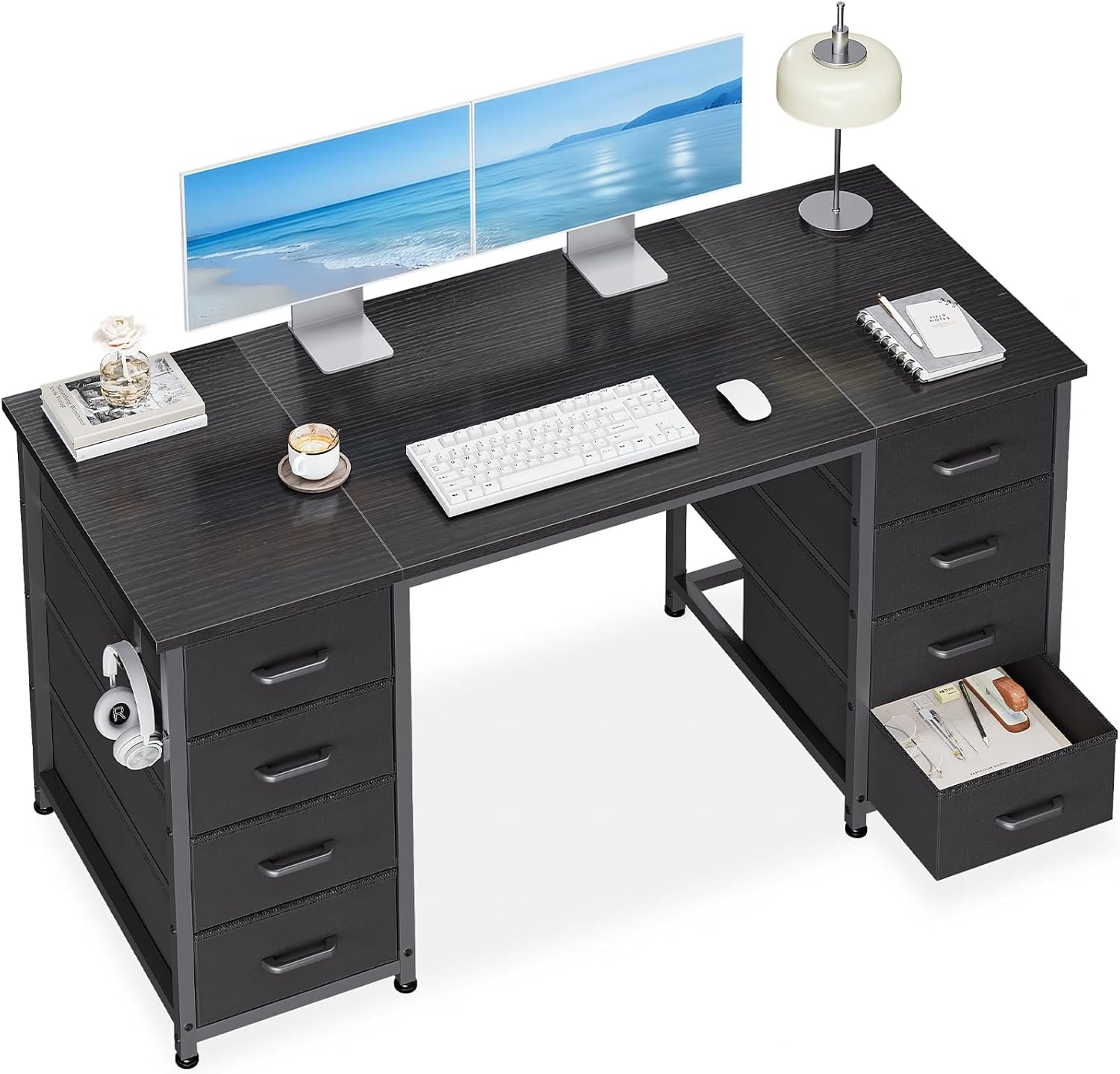 48 Inches Computer Desk with 8 Fabric Drawers, Modern Office Desk with Large Storage for Home Office, Study, Black