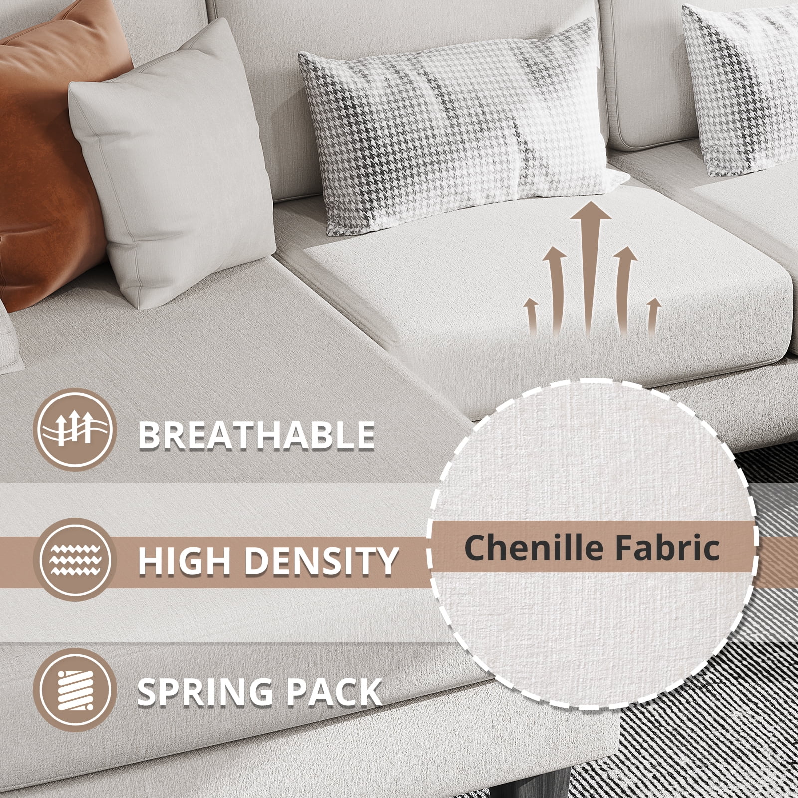 Furmax U-Shaped Sectional Sofa with Chaise, 4 Seats Chenille Fabric Sofa for Living room, White