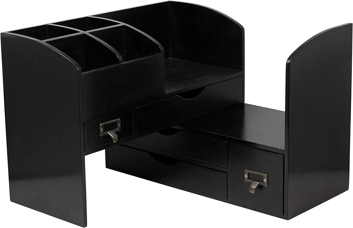 Adjustable Wooden Desk Organizer For Desktop, Tabletop, Office or Counter – Wood Storage Shelf Rack For Office Supplies, Desk Accessories, or Mail – Black