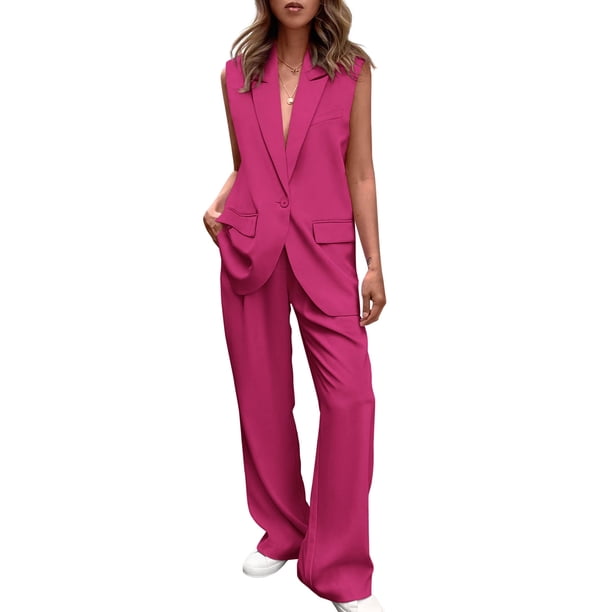 Conjunto PRETTYGARDEN Chaleco sin Mangas Pantalón Palazzo Rojo Rosado M