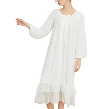 

Homgro Women s Long Sleeve Nightgown Vintage Boat Neck Bowknot Overlay Billowy Lounge Dress Comfy Sleepwear Lace Cotton Ruffle Frilly Trim Bishop Sleeve Sleeping Long Pajama Shirt White Medium