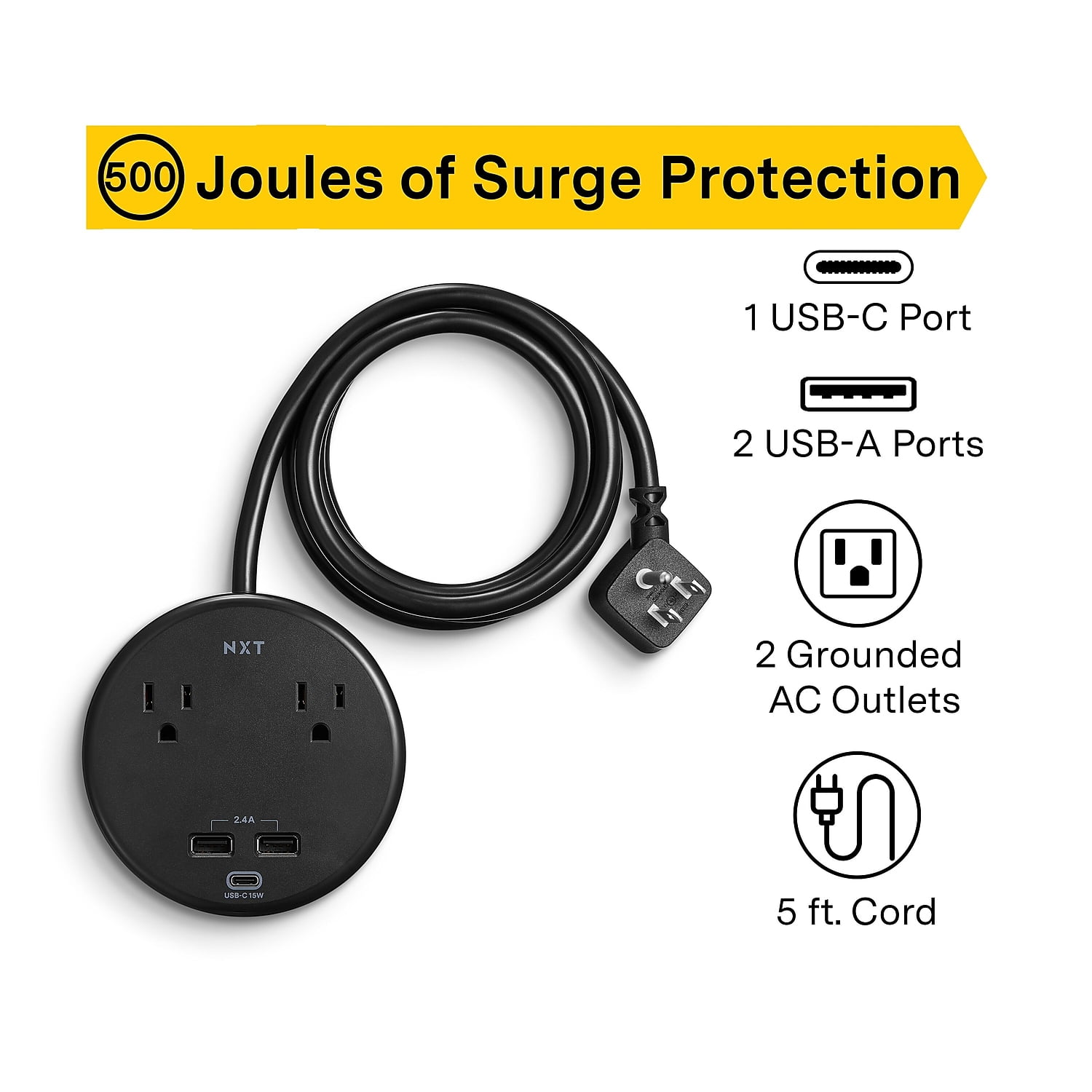 Staples NXT Technologies 2-Outlet Plus USB Desktop Surge Protector 5' Cord 500 Joules (NX61428)